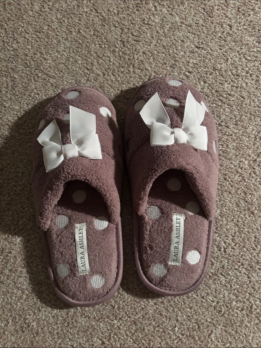 Laura Ashley Dusty Rose Polka Dot Slip-On Slippers with White Bows